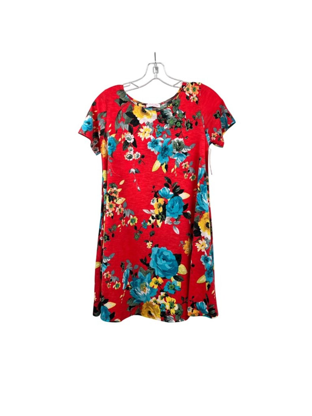 Pink Lily Floral Shift MiniDress Short Sleeve Coral/Multi Sz Small Pockets New